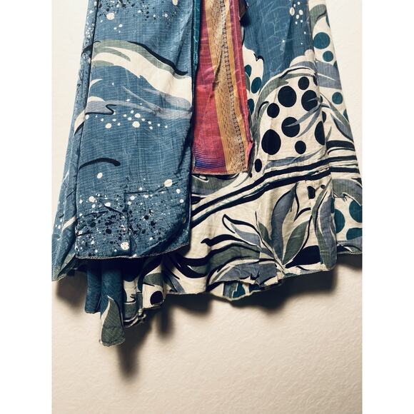 Recycled 100% Silk Long Maxi Wrap Skirt Free Size Blue Abstract Print Gypsy Boho - Picture 4 of 7